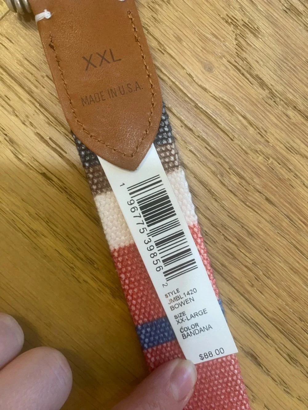 Johnnie-O Striped Canvas Belt with Leather Trim XXL NWT red, navy, Brown & White